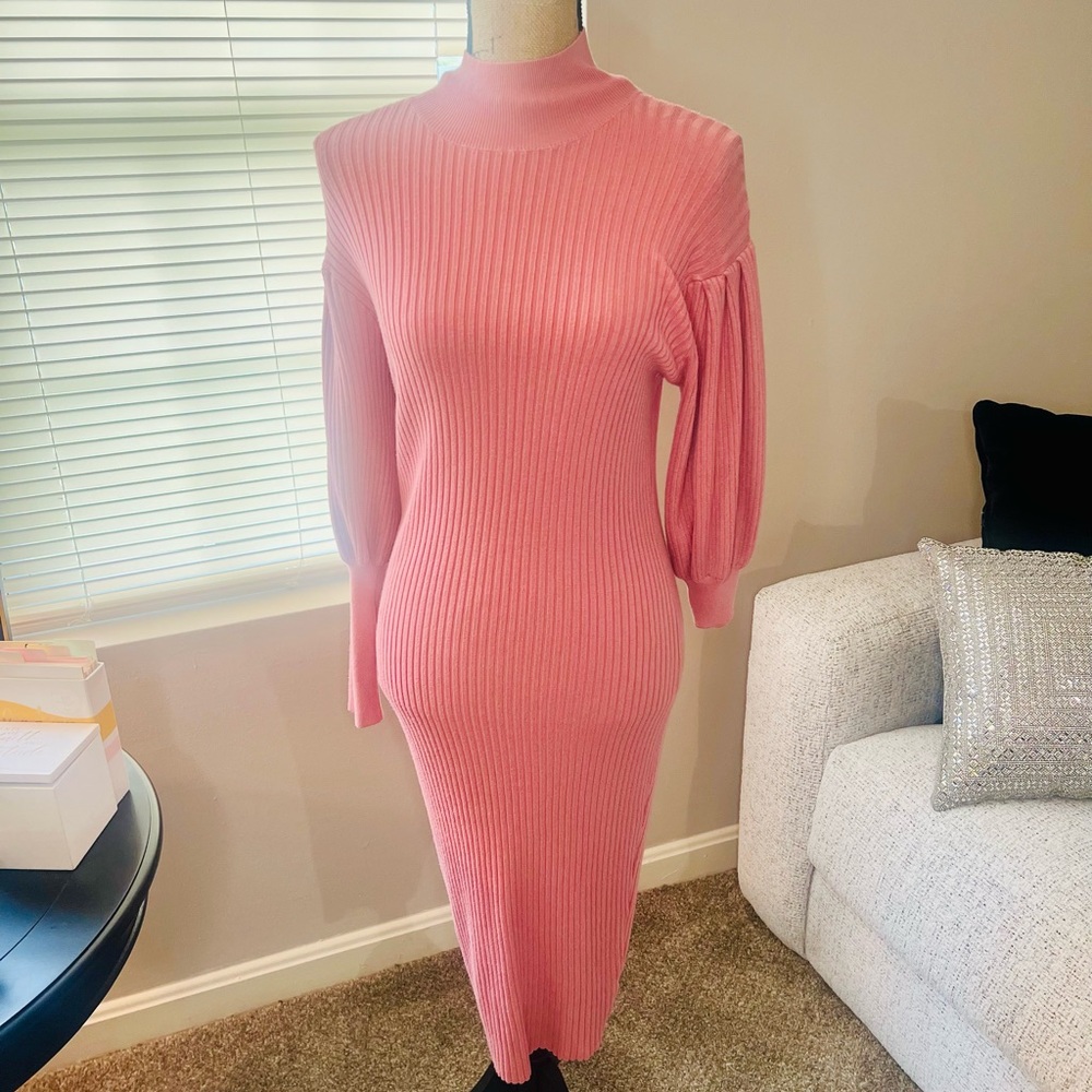 Chic Long Sleeve Pink Knit Sweater Dress